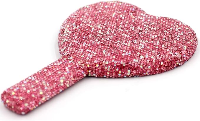Bling Rhinestone Heart Handheld Mirror - Portable & Dazzling Makeup Mirror for On-The-Go Touch-ups (Plastic Pink)