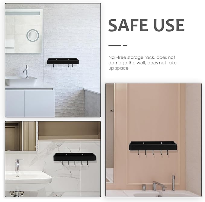SOLUSTRE Wall-Mounted Bathroom Shelf Aluminum Holder 30cm Black with Hooks Bathroom Storage Rack Home Supply Accessory