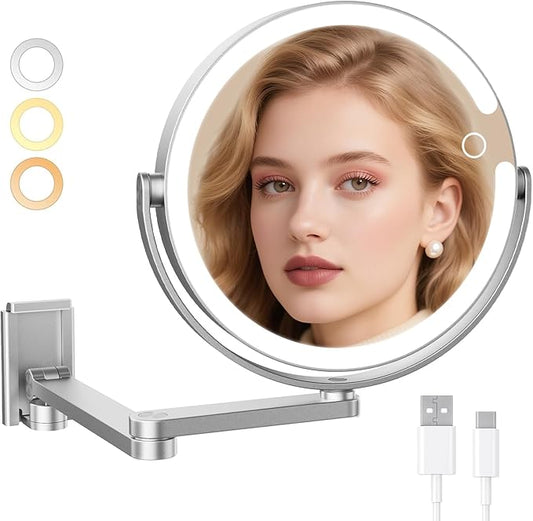 FRANO Wall Mounted Makeup Mirror with Lights, 8-inch 20X/1X Magnifying Mirror, Rechargeable LED Vanity Mirror with 3 Color Lights, 360° Swivel & Extendable Arm
