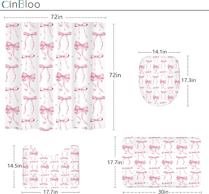 Cinbloo 4Pcs Pink Bow Shower Curtain Set, Retro Coquette Vintage Girly Preppy Cute Fashion Pretty Sweet Bathroom Curtain with Rug, Toilet Lid Cover, Bath Mat, Aesthetic Shower Curtain with 12 Hooks