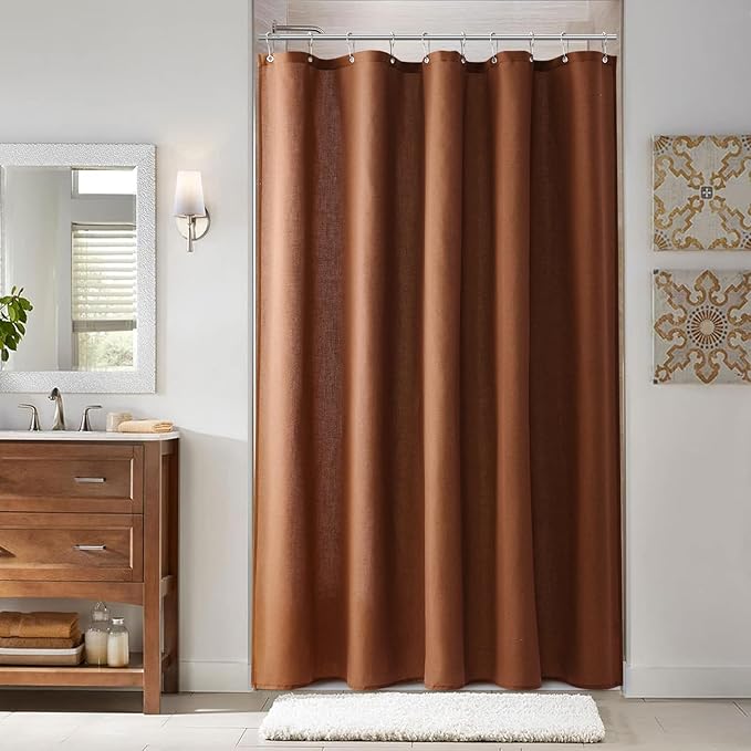 Naturoom Rustic Brown 54 Inch Shower Curtain - Stall Narrow Half Linen Ultra Thick Fabric Shower Curtain Set with Hooks, Boho Farmhouse Rustic RV Camper Bath Curtains for Bathroom, 54x78