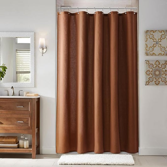 Naturoom Rustic Brown 54 Inch Shower Curtain - Stall Narrow Half Linen Ultra Thick Fabric Shower Curtain Set with Hooks, Boho Farmhouse Rustic RV Camper Bath Curtains for Bathroom, 54x78