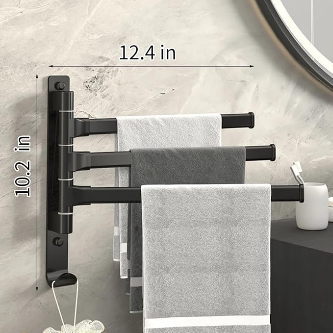 2-5 Arms Swivel Towel Rack Bath Towel Holder with Hook Swing Arm Towel Rack Wall Mount for Bathroom Kitchen-Black 3Arm