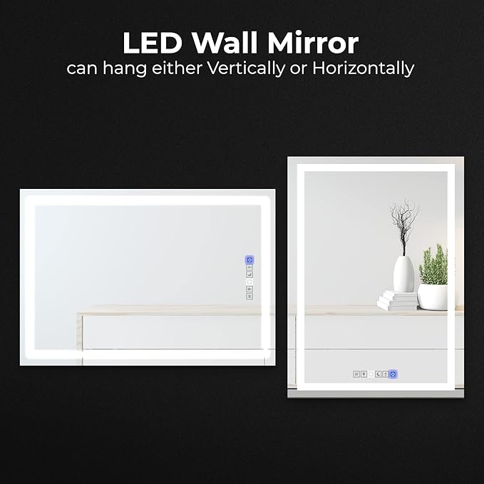 30x40 Inch Rectangular LED Bathroom Mirror with Lights Front and Backlit, 3 Color Modes, Touch Dimmer, Anti-Fog - Wall Mounted Vanity Mirror for Bathroom, Bedroom - Fab Glass and Mirror