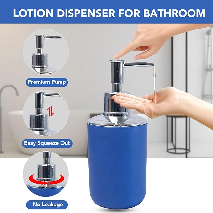 Matte Blue Bathroom Accessories Set, 4 Piece Plastic Bathroom Toothbrush Holder Set, Include Soap Dispenser, Toothbrush Holder, Rinse Cup, Soap Dish, Boho Blue Bathroom Decor for Home, Bathroom Set