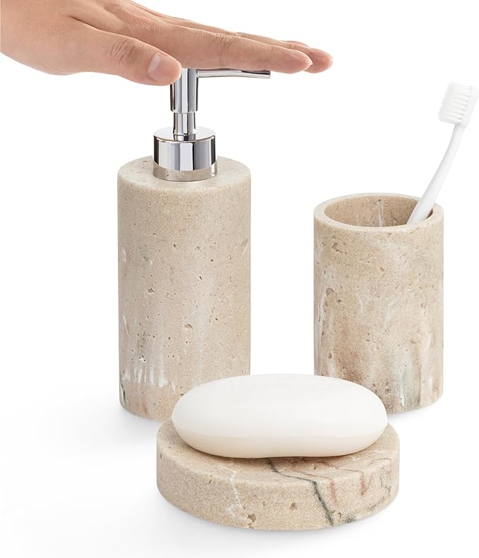 Navaris Decorative Bathroom Accessories Set - 3-Piece Bath Accessory Kit with Toothbrush Holder Liquid Soap Dispenser and Soap Dish Tray Set - Marble