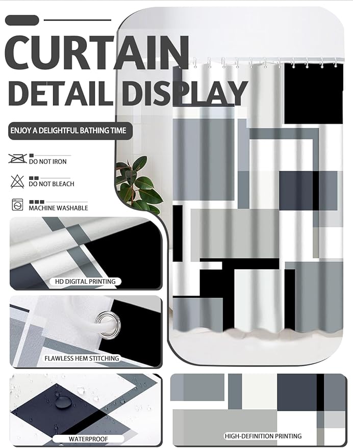 Lnond Grey Black Bathroom Set, 22-Piece Grey Black Geometry Bathroom Decor Set with with Shower Curtain and Rugs, Trash Can, Toilet Brush Holder Set & Soap Dispenser