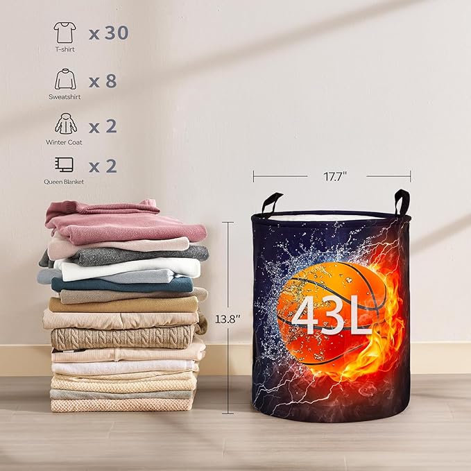 2Pcs Basketball Cute Kids Laundry Basket Baby Nursery Hamper Boys Room Decor Foldable Oxford Cloth Funny Tote Clothes Storage Bucket Organizer For Bedroom (Basketball)