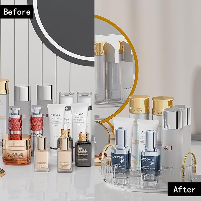 Makeup Organizer, 360?? Rotating Design Bathroom Counter Organizer - Large Capacity Makeup, Skincare & Perfume Organizer (1 Tier-Clear)
