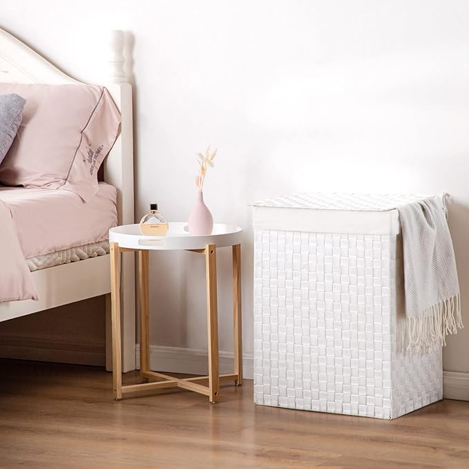 YOUDENOVA Handwoven Laundry Basket Hamper with Removable Bag and Lid, Collapsible Clothes Hamper with Handle, White