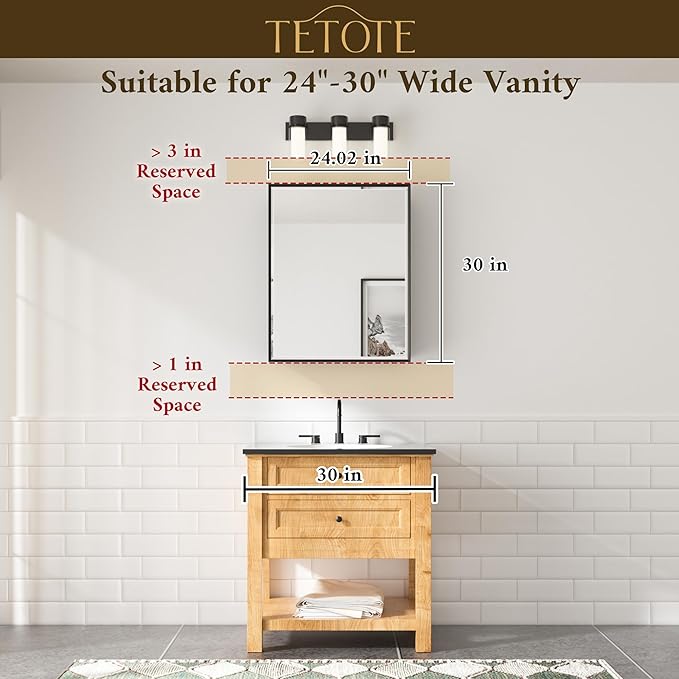 TETOTE Medicine Cabinet Mirror 24" x 30" Black Bathroom Mirrored Cabinets with Stepless Adjustable Shelves Beveled Aluminum Frame, Wall-Mounted or Recessed