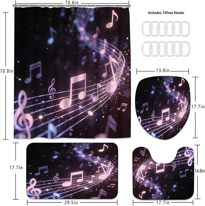 AZHM Glitter Music Note Shower Curtain Set 4 PCS Modern Black Purple Bathroom Decor Set with Non-Slip Bath Rugs, Toilet Lid Cover & U-Shaped Mat