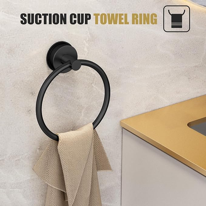 Matte Black Suction Cup Bathroom Accessories Set,Towel Racks for Bathroom,5 Piece Bathroom Hardware Set Restroom Accessories,Includes 24 inch Towel Bar,Towel Ring,Toilet Paper holder,Suction Cup Hooks