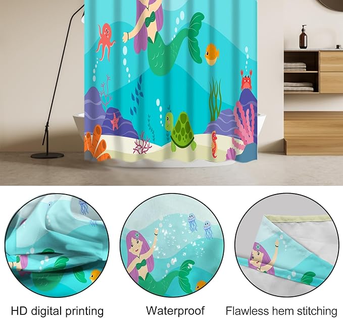 Lnond 4 Pcs Kids Bathroom Shower Curtain Set, Blue Mermaid Bathroom Sets for Kids Bathroom Decoration with Shower Curtain, Non Slip Bathroom Rugs, Toilet Lid Cover, U Toilet Mat and 12 Hooks