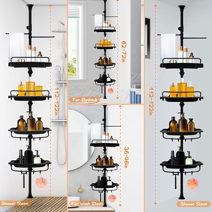 Rustproof Shower Caddy Tension Pole Corner Shower Caddy Organizer 4 Tier Adjustable Shelves with Tension Pole and Large Capacity for Bathtub Shampoo Accessories Storage Rack 38.8-122.7inch