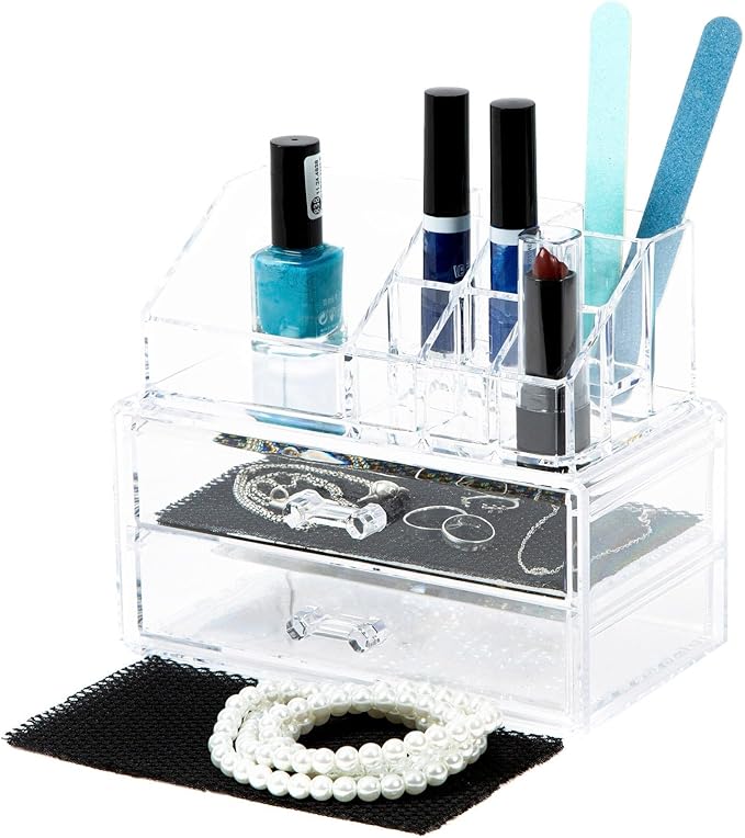 Compactor Make-up and Jewellery Storage Box, With 2 Drawers, Transparent, Polystyrene, Fabric Lining, 18.8 x 11.7 x H. 15.8 cm, RAN5048