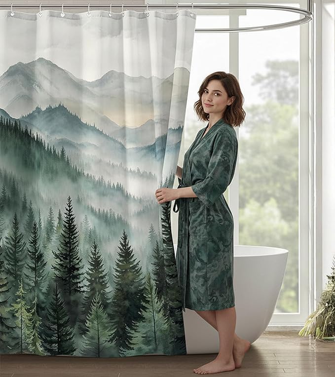 Accnicc Forest Mountain Shower Curtain Dark Green Nature Misty Pine Tree Shower Curtains for Bathroom Foggy Rustic Woodland Decorative Waterproof Fabric Bath Curtain Decor 72×84 Inches