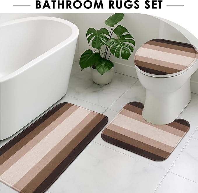 Brown Beige Shower Curtain Set with Toilet Lid Cover and Non-Slip Rugs for Bathroom, Modern Striped Lines Ombre 4 Pcs Shower Curtain, Simple Abstract Bathroom Set with 12 Hooks