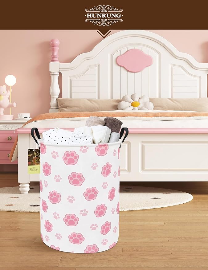HUNRUNG Laundry Hamper,Large Canvas Fabric Lightweight Storage Basket Toy Organizer Dirty Clothes Collapsible Waterproof for College Dorms???Round-Pink Paw???