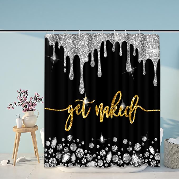 ArtSocket 4PC Gold Get Naked Shower Curtain Sets Diamond Bathroom Decor with Rugs, Non-Slip Rug,Toilet Lid Cover, Bath Mat and 12 Hooks 72x72 inches