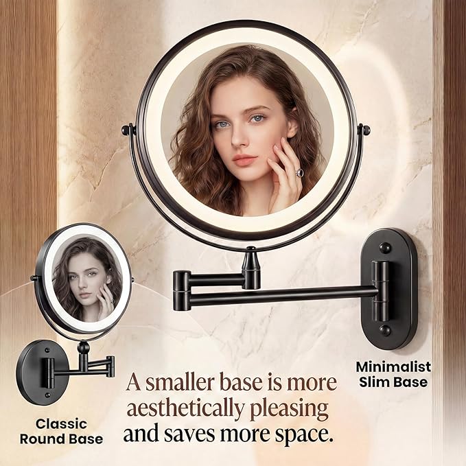 Wall Mounted Lighted Makeup Mirror, 8" Double-Sided 1X/30X, Rechargeable, 3-Color Dimmable Touch, 15.9" Swing Arm, Narrow Base, USB-C Charging, 360° Rotation, Black