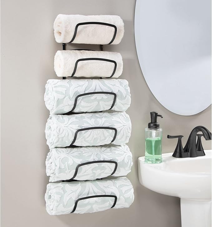 mDesign Metal Towel Shelves – Towel Rack for The Bathroom with 6 Compartments – Practical Bathroom Accessories for Both Large and Small Towels – Black