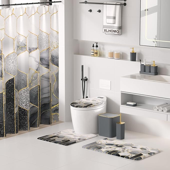 XLHOMO Bathroom Set - 26PC Bathroom Set with Shower Curtain and Rugs, Bathroom Accessory Set, Grey Bathroom Accessories Set, Trash Can & Soap Dispenser