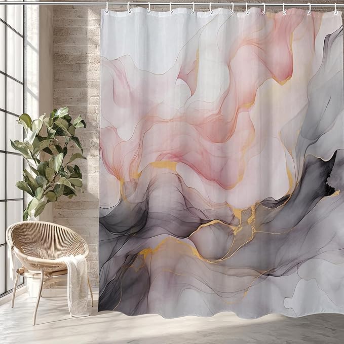 Marble Shower Curtain Abstract Pink White Gold Black Ink Ombre,Morden Fabric Shower Curtains for Bathroom Decor 72x72 Inch