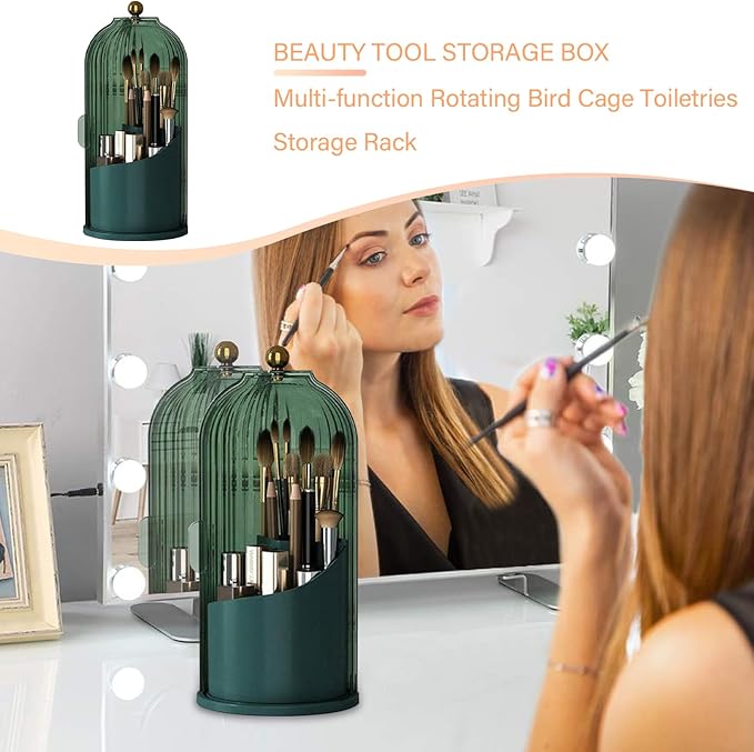 Multi-function Rotating Bird Cage Toiletries Storage Rack ?€? Makeup Organizer, Brush Holder | Transparent Dust-proof Box, 360 Rotating Design for Dressing Tables, Desktops, Bathroom Countertops