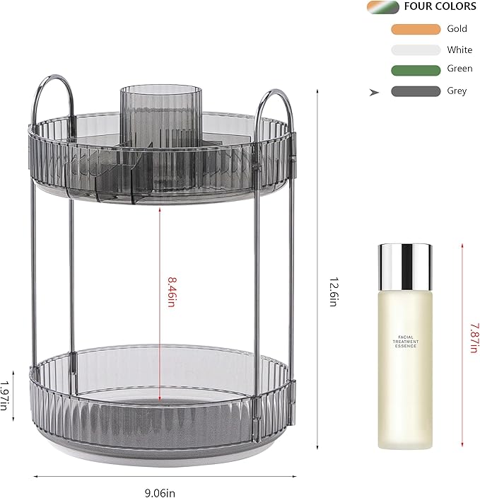 YCIA&DONE Rotating Makeup Organizer for Vanity, Large Capacity Make Up Storage Skin care Shelf Perfume Holders Cosmetic Dresser Organizer Countertop Spinning 360 (Smoky Gray, 2Tiers)