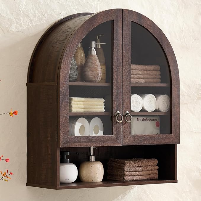 IFGET Bathroom Arched Wall Cabinet, 23.6'' Wide Medicine Cabinet with Adjustable Shelves & Glass Doors, Over The Toilet Storage Wall Mount Cabinet for Laundry Room, Kitchen & Living Room, Dark Walnut