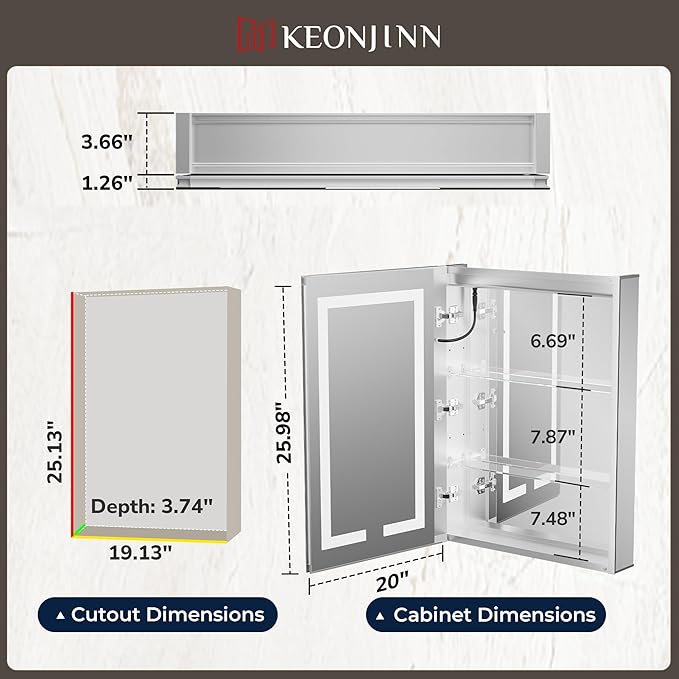 Keonjinn 20 x 26 Inch Lighted Medicine Cabinet with Mirror Surface Mount or Recessed, 3 Color Dimmable Frontlit Medicine Cabinet with Lights, Tempered Glass UL Listed LED 2-Side Mirror with Storage