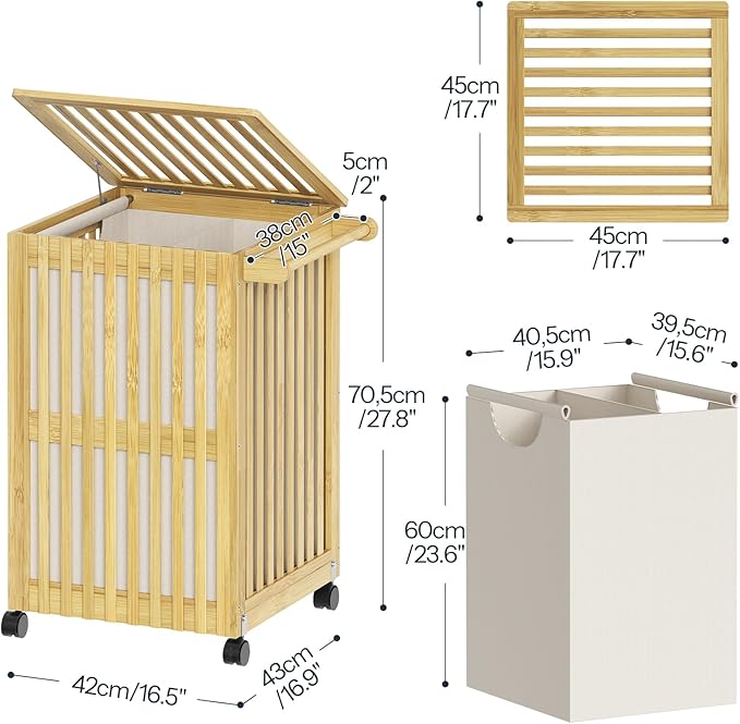 HOOBRO Laundry Hamper with Lid and Wheels, 120 L (31Gal) Double Laundry Basket, Bamboo Clothes Hamper with Handles and Removable Liner, for Laundry Room, Bathroom, Bedroom, Natural YL60XY01