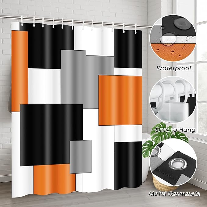 Orange Geometric Shower Curtain Set with Toilet Lid Cover and Non-Slip Rugs for Bathroom, Black White Grey Checkered 4 Pcs Shower Curtain, Modern Abstract Bathroom Set with 12 Hooks