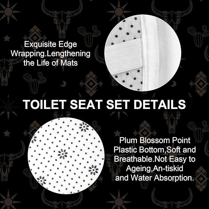 4Pcs Cow Skull Western Shower Curtains for Bathroom Decor Sets with Rugs, Sun and Cactus Farmhouse Shower Curtain for Bathroom, Black Gold Washable Fabric with 12 Hooks, Set de baño completo