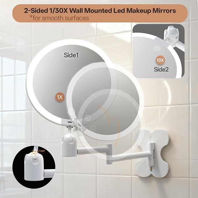 6" Led Wall Mounted Makeup Mirror Double Sided 1/20X, 1-Second Install Lightweight Compact Wall Mirror with Light, Rechargeable Extendable Magnifying Mirror for Bathroom, Wall Vanity Mirrors (1+20X)