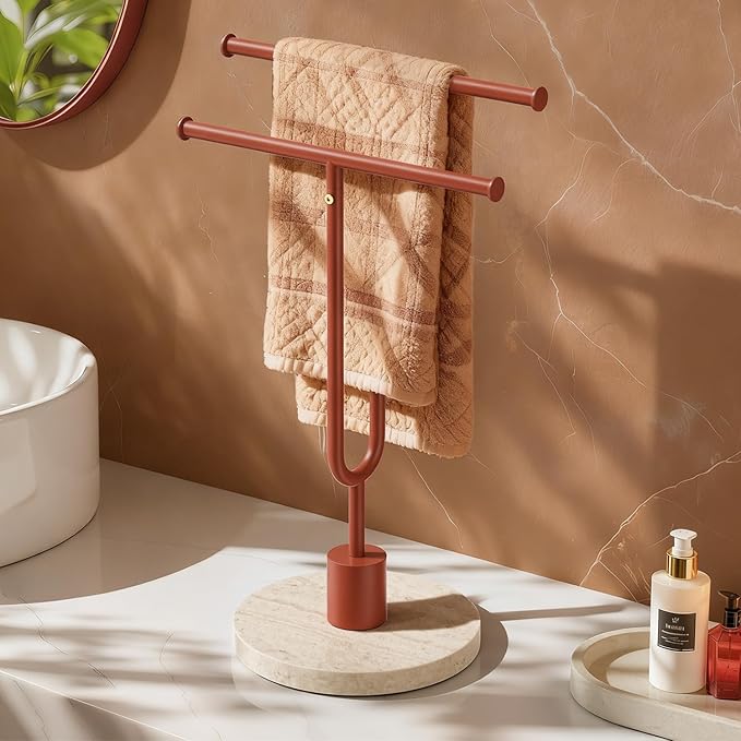 Towel Holder Stand with Natural Travertine Base Stainless Steel Hand Towel Holder Rack for Bathroom Countertop Unique Free Standing Towel Bar Holds 2 Towels for Kitchen Countertop (Reddish-Brown)