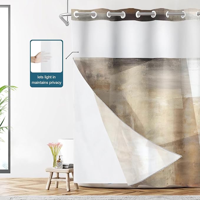 Shrahala Brown Abstract Art No Hooks Shower Curtain with Snap in Liner Set, Beige Painting Bathroom Décor Polyester Fiber Waterproof for Stall Bathtubs 71 X 86 in