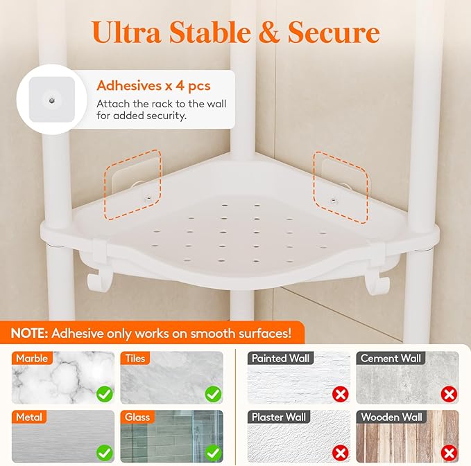 Lifewit Floor Standing Shower Caddy Corner, 4 Tier Plastic Shower Stand Rack with Adjustable Feet and Hooks, Rustproof Bathroom Shelf Organizer, White, 34 x 24 x 107 cm/13 x 9.5 x 42 inch