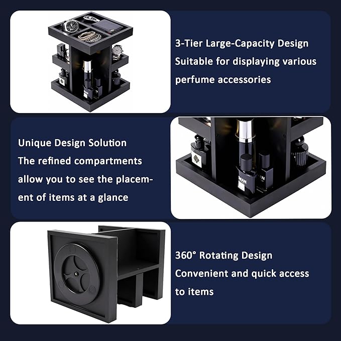 3-Tier Men's Cologne Organizer Stand - Black Wood Perfume Display & Storage for Desk or Nightstand, Gift for Husband