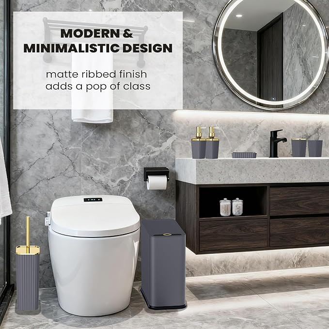 XLHOMO 9-Piece Dark Gray Bathroom Accessories Set - Durable & Sleek Kit with Slim Narrow Trash Can, Toilet Brush & Soap Dispensers - Space-Saving Modern Bathroom Decor
