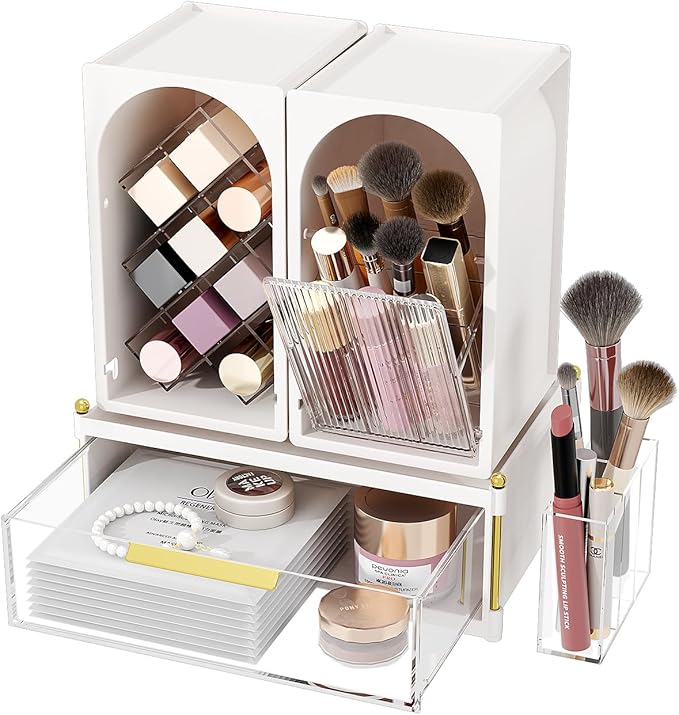 FOLLOWIN Compact Makeup Organizer Set, Lipstick Holder with Grid,Makeup Brush Organizer with Flip Drawer, 2 Ways to Arrange, Milk White Vanity Countertop Storage with Detachable Drawer for Cosmetics