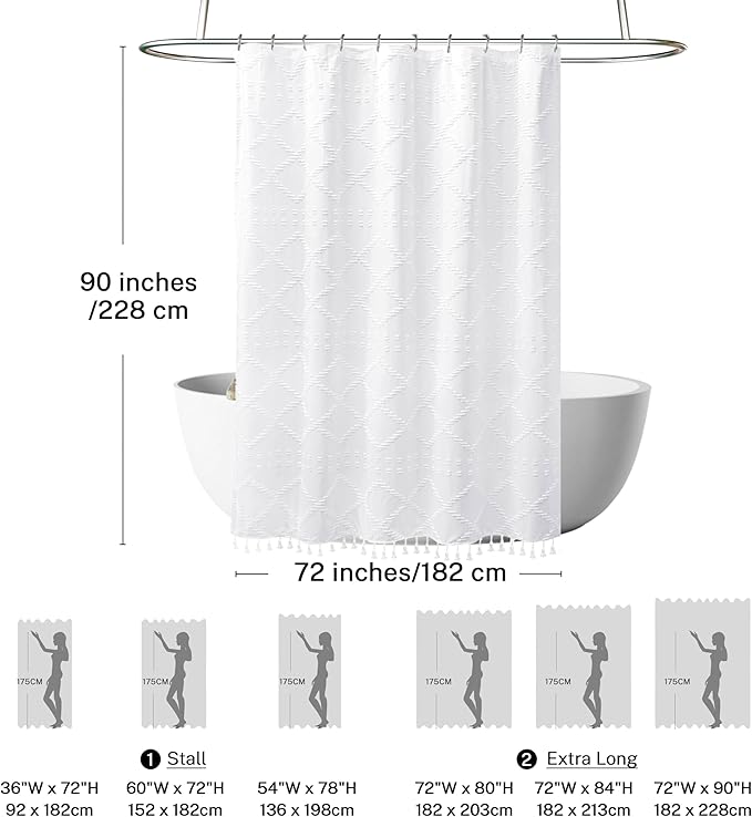 Extra Long White Textured Woven Fabric Boho Shower Curtain with Tassels 72 x 90 Modern Farmhouse Minimalist, Tufted Chevron Striped Shabby Chic, Water Resistant Cloth Curtain for Bathroom, Hotel Decor