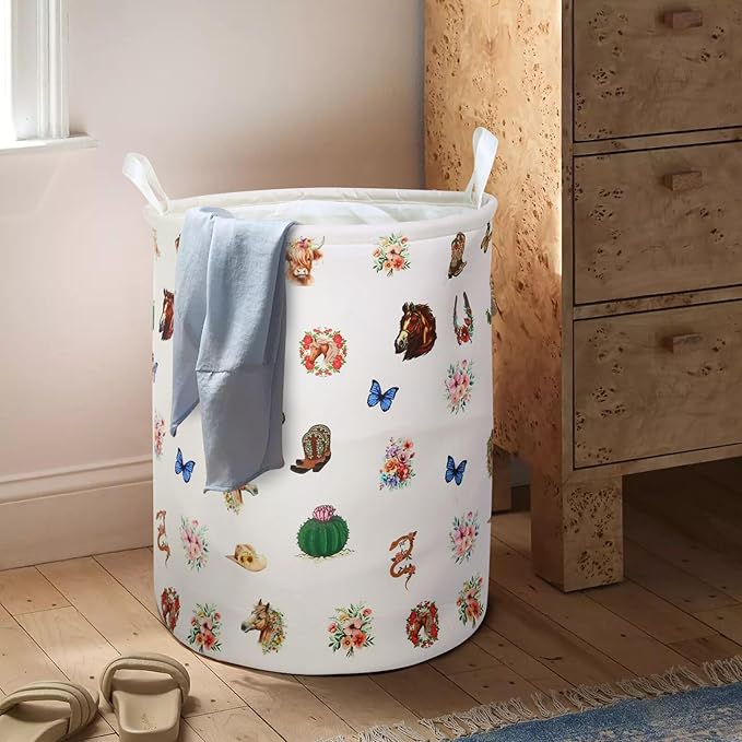 Highland Cow Laundry Basket Cute Western Cows Laundry Hamper, Cowboy Kids Large Storage Bins Box with Handles, Ideal for Room Nursery Decor, Books, Organizing Clothes, Toys