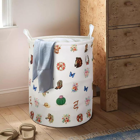 Highland Cow Laundry Basket Cute Western Cows Laundry Hamper, Cowboy Kids Large Storage Bins Box with Handles, Ideal for Room Nursery Decor, Books, Organizing Clothes, Toys