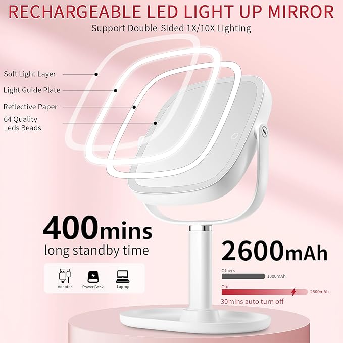 Lighted Makeup Mirror with Lights and Magnification,1x/10x Magnifying Mirror with Light Rechargeable,Height Adjustable Vanity Mirror with 3 Color Lights Double Sided 360° Rotation,Gifts for Women