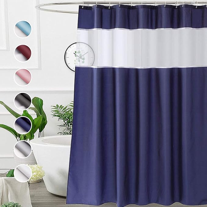 UFRIDAY Navy Blue Shower Curtain，72 x 75 Inch Long Fabric Shower Curtain Water Repellent with Window for Bathroom, with 12 Hooks