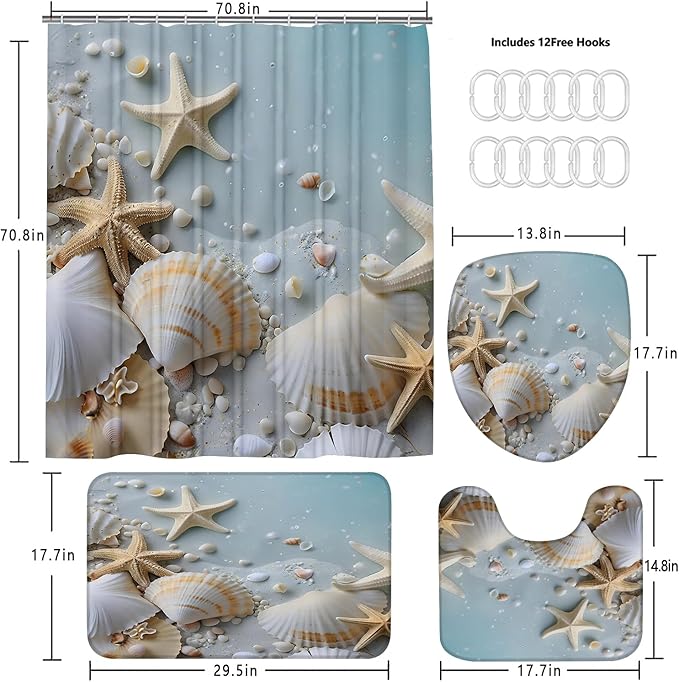 Chrainy 4Pcs Beach Grey Blue Shower Curtain Sets Sea Shell Bathroom Set Decor with Non-Slip Rugs Bath U-Shaped Mat Toilet Lid Cover Waterproof Starfish Bathroom Curtain Shower Set with 12 Hooks