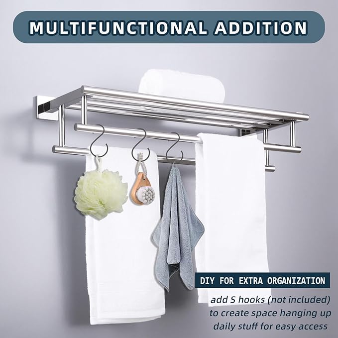 Bathroom Towel Rack Polished Chrome, Angle Simple SUS304 Stainless Steel Bath Towel Bar with Shelf for Wall 23.62 Inches