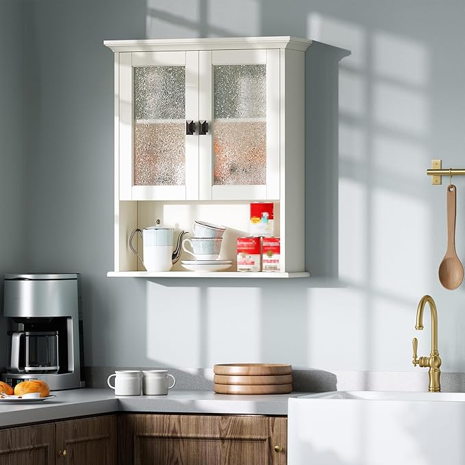Bathroom Cabinet Wall Mount, Over Toilet Storage Cabinet with Glass Door Build-in Spirit Level Cupboard Hanging Medicine Cabinet for Bathroom Laundry Kitchen Living Room (Cream White)